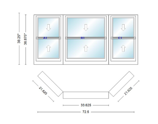 Andersen 400 Series Double Hung Bay Window 72 1/2" Wide Double Hung With Double Hung Flankers 45 Degree Angle Of Deflection Vinyl Exterior Wood Interior Low-E4 Dual Pane Argon Gas