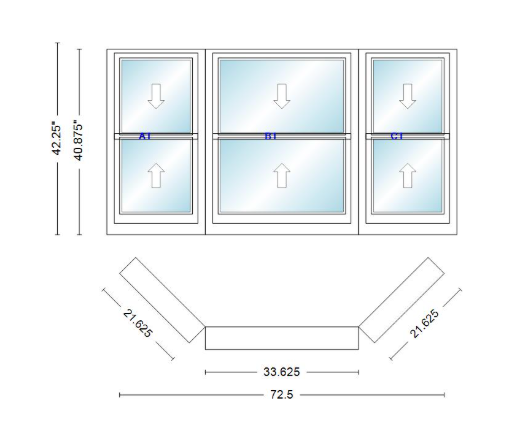 Andersen 400 Series Double Hung Bay Window 72 1/2" Wide Double Hung With Double Hung Flankers 45 Degree Angle Of Deflection Vinyl Exterior Wood Interior Low-E4 Dual Pane Argon Gas