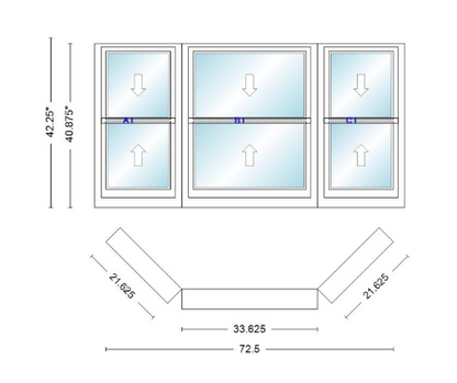 Andersen 400 Series Double Hung Bay Window 72 1/2" Wide Double Hung With Double Hung Flankers 45 Degree Angle Of Deflection Vinyl Exterior Wood Interior Low-E4 Dual Pane Argon Gas