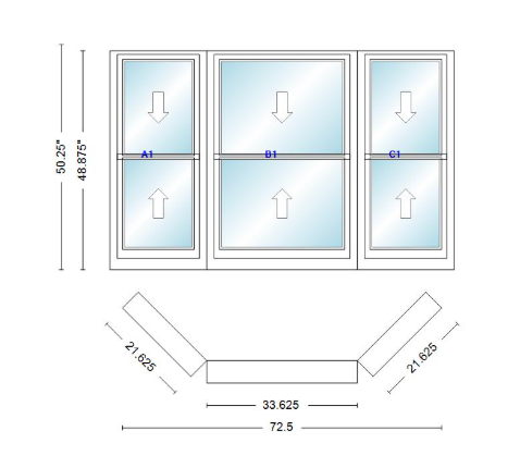 Andersen 400 Series Double Hung Bay Window 72 1/2" Wide Double Hung With Double Hung Flankers 45 Degree Angle Of Deflection Vinyl Exterior Wood Interior Low-E4 Dual Pane Argon Gas