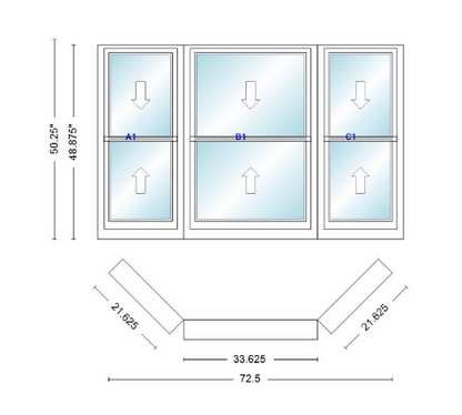 Andersen 400 Series Double Hung Bay Window 72 1/2" Wide Double Hung With Double Hung Flankers 45 Degree Angle Of Deflection Vinyl Exterior Wood Interior Low-E4 Dual Pane Argon Gas