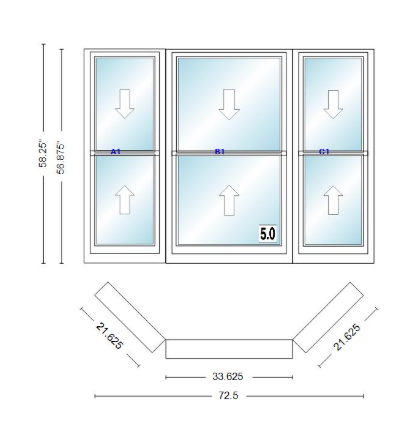 Andersen 400 Series Double Hung Bay Window 72 1/2" Wide Double Hung With Double Hung Flankers 45 Degree Angle Of Deflection Vinyl Exterior Wood Interior Low-E4 Dual Pane Argon Gas
