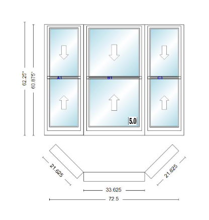 Andersen 400 Series Double Hung Bay Window 72 1/2" Wide Double Hung With Double Hung Flankers 45 Degree Angle Of Deflection Vinyl Exterior Wood Interior Low-E4 Dual Pane Argon Gas