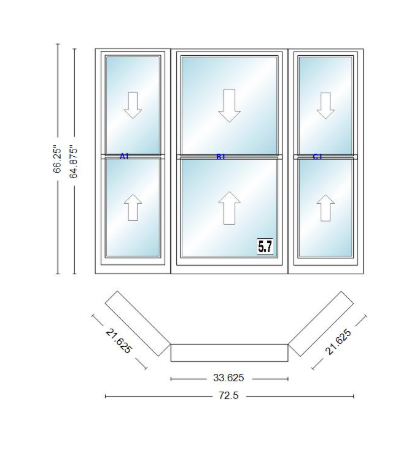 Andersen 400 Series Double Hung Bay Window 72 1/2" Wide Double Hung With Double Hung Flankers 45 Degree Angle Of Deflection Vinyl Exterior Wood Interior Low-E4 Dual Pane Argon Gas