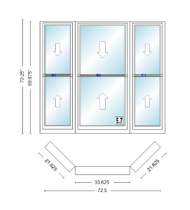 Andersen 400 Series Double Hung Bay Window 72 1/2" Wide Double Hung With Double Hung Flankers 45 Degree Angle Of Deflection Vinyl Exterior Wood Interior Low-E4 Dual Pane Argon Gas