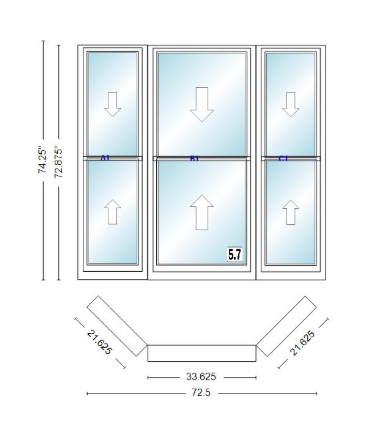 Andersen 400 Series Double Hung Bay Window 72 1/2" Wide Double Hung With Double Hung Flankers 45 Degree Angle Of Deflection Vinyl Exterior Wood Interior Low-E4 Dual Pane Argon Gas