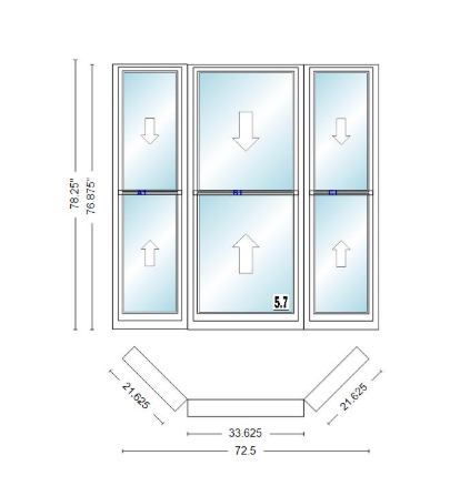 Andersen 400 Series Double Hung Bay Window 72 1/2" Wide Double Hung With Double Hung Flankers 45 Degree Angle Of Deflection Vinyl Exterior Wood Interior Low-E4 Dual Pane Argon Gas