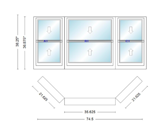 Andersen 400 Series Double Hung Bay Window 74 1/2" Wide Double Hung With Double Hung Flankers 45 Degree Angle Of Deflection Vinyl Exterior Wood Interior Low-E4 Dual Pane Argon Gas