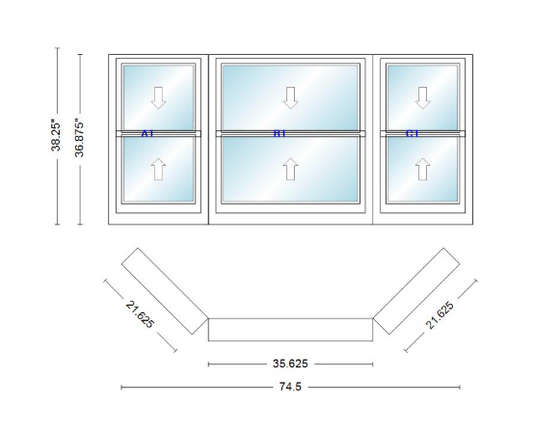 Andersen 400 Series Double Hung Bay Window 74 1/2" Wide Double Hung With Double Hung Flankers 45 Degree Angle Of Deflection Vinyl Exterior Wood Interior Low-E4 Dual Pane Argon Gas