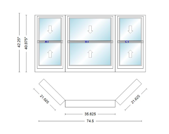 Andersen 400 Series Double Hung Bay Window 74 1/2" Wide Double Hung With Double Hung Flankers 45 Degree Angle Of Deflection Vinyl Exterior Wood Interior Low-E4 Dual Pane Argon Gas