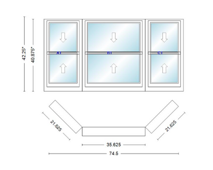 Andersen 400 Series Double Hung Bay Window 74 1/2" Wide Double Hung With Double Hung Flankers 45 Degree Angle Of Deflection Vinyl Exterior Wood Interior Low-E4 Dual Pane Argon Gas