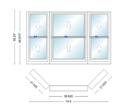 Andersen 400 Series Double Hung Bay Window 74 1/2" Wide Double Hung With Double Hung Flankers 45 Degree Angle Of Deflection Vinyl Exterior Wood Interior Low-E4 Dual Pane Argon Gas