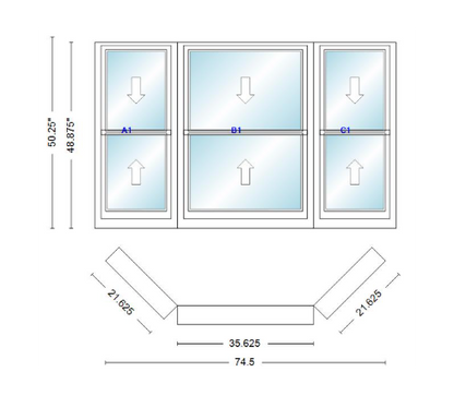 Andersen 400 Series Double Hung Bay Window 74 1/2" Wide Double Hung With Double Hung Flankers 45 Degree Angle Of Deflection Vinyl Exterior Wood Interior Low-E4 Dual Pane Argon Gas