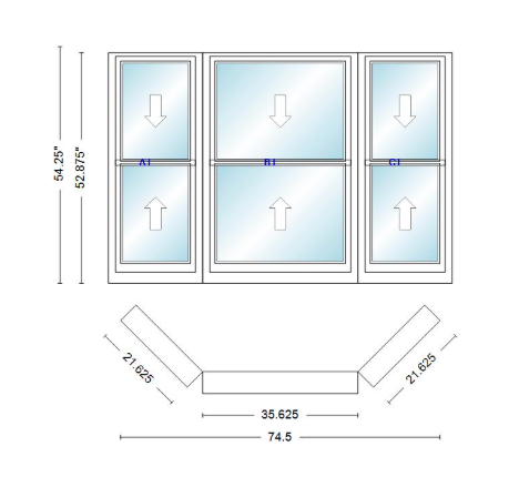Andersen 400 Series Double Hung Bay Window 74 1/2" Wide Double Hung With Double Hung Flankers 45 Degree Angle Of Deflection Vinyl Exterior Wood Interior Low-E4 Dual Pane Argon Gas