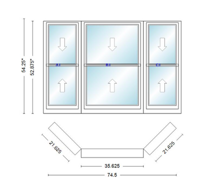 Andersen 400 Series Double Hung Bay Window 74 1/2" Wide Double Hung With Double Hung Flankers 45 Degree Angle Of Deflection Vinyl Exterior Wood Interior Low-E4 Dual Pane Argon Gas
