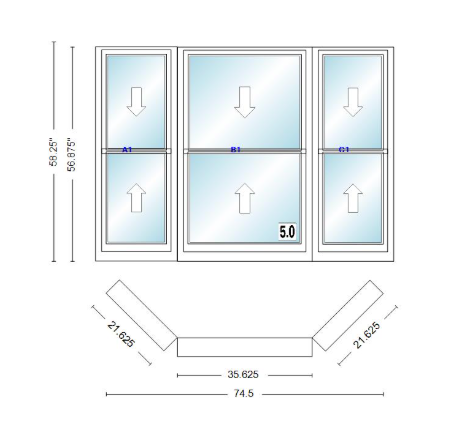 Andersen 400 Series Double Hung Bay Window 74 1/2" Wide Double Hung With Double Hung Flankers 45 Degree Angle Of Deflection Vinyl Exterior Wood Interior Low-E4 Dual Pane Argon Gas