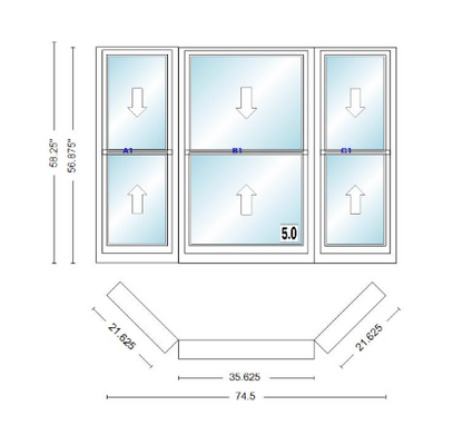 Andersen 400 Series Double Hung Bay Window 74 1/2" Wide Double Hung With Double Hung Flankers 45 Degree Angle Of Deflection Vinyl Exterior Wood Interior Low-E4 Dual Pane Argon Gas