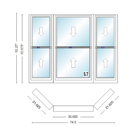 Andersen 400 Series Double Hung Bay Window 74 1/2" Wide Double Hung With Double Hung Flankers 45 Degree Angle Of Deflection Vinyl Exterior Wood Interior Low-E4 Dual Pane Argon Gas