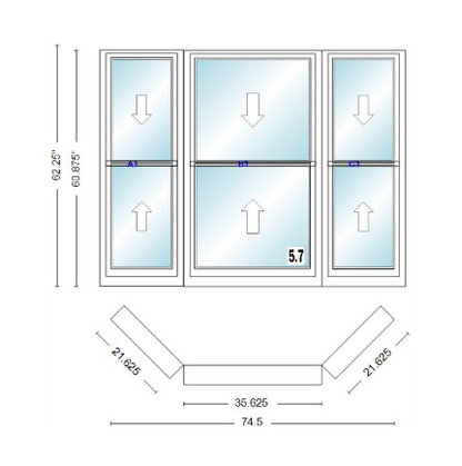 Andersen 400 Series Double Hung Bay Window 74 1/2" Wide Double Hung With Double Hung Flankers 45 Degree Angle Of Deflection Vinyl Exterior Wood Interior Low-E4 Dual Pane Argon Gas