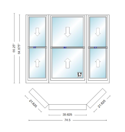 Andersen 400 Series Double Hung Bay Window 74 1/2" Wide Double Hung With Double Hung Flankers 45 Degree Angle Of Deflection Vinyl Exterior Wood Interior Low-E4 Dual Pane Argon Gas