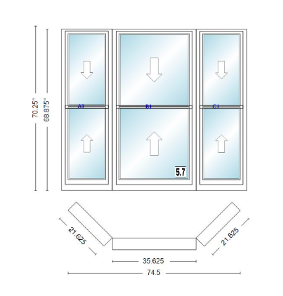 Andersen 400 Series Double Hung Bay Window 74 1/2" Wide Double Hung With Double Hung Flankers 45 Degree Angle Of Deflection Vinyl Exterior Wood Interior Low-E4 Dual Pane Argon Gas
