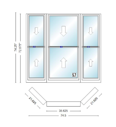 Andersen 400 Series Double Hung Bay Window 74 1/2" Wide Double Hung With Double Hung Flankers 45 Degree Angle Of Deflection Vinyl Exterior Wood Interior Low-E4 Dual Pane Argon Gas