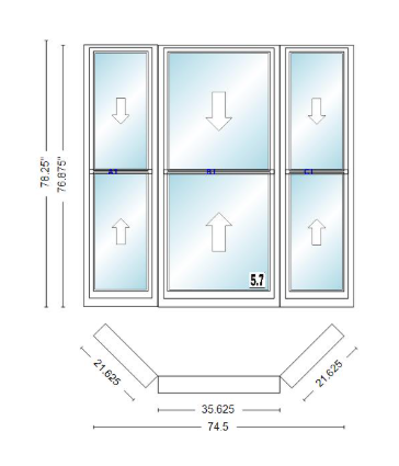 Andersen 400 Series Double Hung Bay Window 74 1/2" Wide Double Hung With Double Hung Flankers 45 Degree Angle Of Deflection Vinyl Exterior Wood Interior Low-E4 Dual Pane Argon Gas