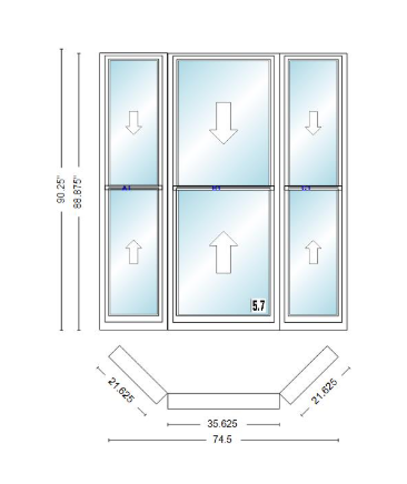 Andersen 400 Series Double Hung Bay Window 74 1/2" Wide Double Hung With Double Hung Flankers 45 Degree Angle Of Deflection Vinyl Exterior Wood Interior Low-E4 Dual Pane Argon Gas