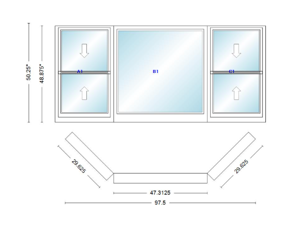 Andersen 400 Series Double Hung Bay Window 97 1/2" Wide Picture With Double Hung Flankers 45 Degree Angle Of Deflection Vinyl Exterior Wood Interior Low-E4 Dual Pane Argon Gas