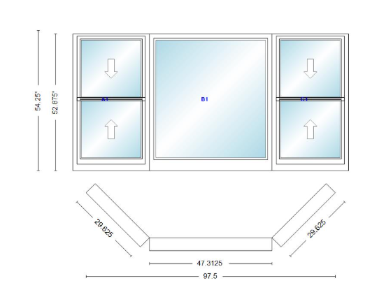 Andersen 400 Series Double Hung Bay Window 97 1/2" Wide Picture With Double Hung Flankers 45 Degree Angle Of Deflection Vinyl Exterior Wood Interior Low-E4 Dual Pane Argon Gas