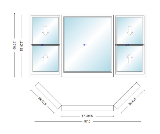 Andersen 400 Series Double Hung Bay Window 97 1/2" Wide Picture With Double Hung Flankers 45 Degree Angle Of Deflection Vinyl Exterior Wood Interior Low-E4 Dual Pane Argon Gas