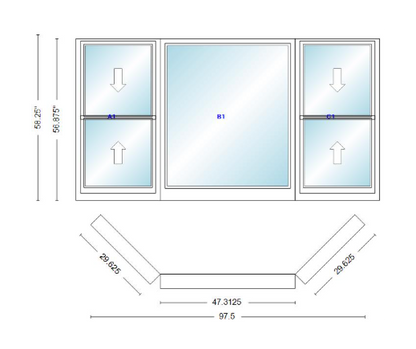 Andersen 400 Series Double Hung Bay Window 97 1/2" Wide Picture With Double Hung Flankers 45 Degree Angle Of Deflection Vinyl Exterior Wood Interior Low-E4 Dual Pane Argon Gas
