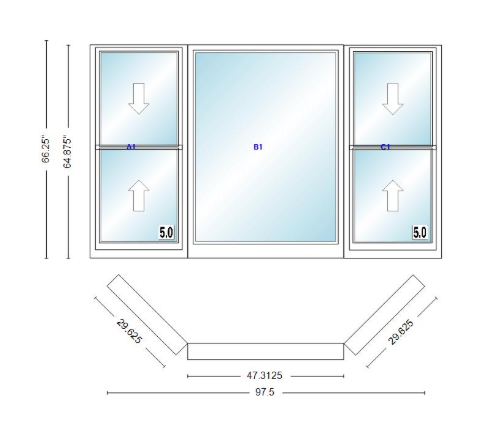 Andersen 400 Series Double Hung Bay Window 97 1/2" Wide Picture With Double Hung Flankers 45 Degree Angle Of Deflection Vinyl Exterior Wood Interior Low-E4 Dual Pane Argon Gas