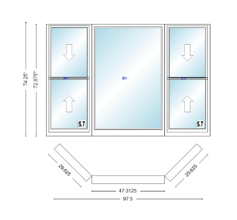 Andersen 400 Series Double Hung Bay Window 97 1/2" Wide Picture With Double Hung Flankers 45 Degree Angle Of Deflection Vinyl Exterior Wood Interior Low-E4 Dual Pane Argon Gas