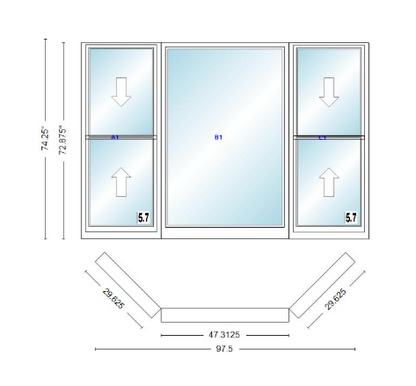 Andersen 400 Series Double Hung Bay Window 97 1/2" Wide Picture With Double Hung Flankers 45 Degree Angle Of Deflection Vinyl Exterior Wood Interior Low-E4 Dual Pane Argon Gas