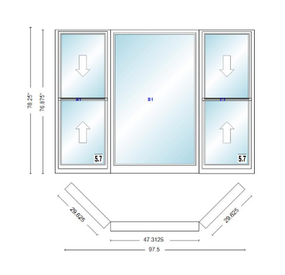 Andersen 400 Series Double Hung Bay Window 97 1/2" Wide Picture With Double Hung Flankers 45 Degree Angle Of Deflection Vinyl Exterior Wood Interior Low-E4 Dual Pane Argon Gas