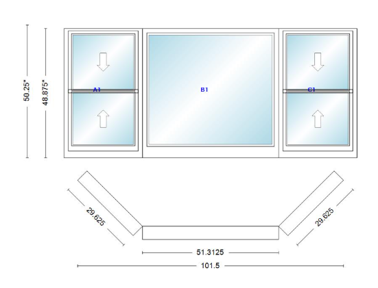 Andersen 400 Series Double Hung Bay Window 101 1/2" Wide Picture With Double Hung Flankers 45 Degree Angle Of Deflection Vinyl Exterior Wood Interior Low-E4 Dual Pane Argon Gas