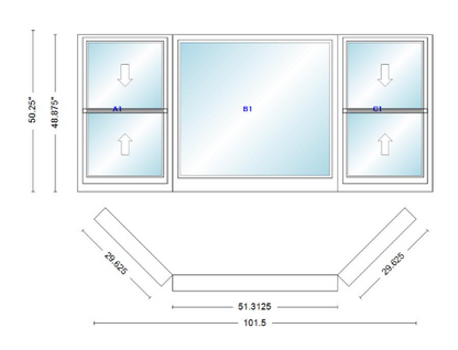 Andersen 400 Series Double Hung Bay Window 101 1/2" Wide Picture With Double Hung Flankers 45 Degree Angle Of Deflection Vinyl Exterior Wood Interior Low-E4 Dual Pane Argon Gas