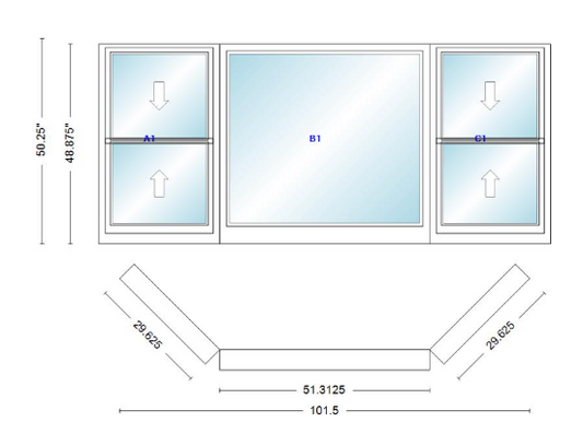 Andersen 400 Series Double Hung Bay Window 101 1/2" Wide Picture With Double Hung Flankers 45 Degree Angle Of Deflection Vinyl Exterior Wood Interior Low-E4 Dual Pane Argon Gas