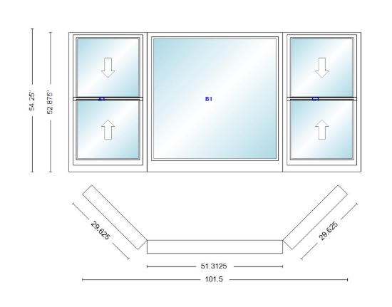 Andersen 400 Series Double Hung Bay Window 101 1/2" Wide Picture With Double Hung Flankers 45 Degree Angle Of Deflection Vinyl Exterior Wood Interior Low-E4 Dual Pane Argon Gas