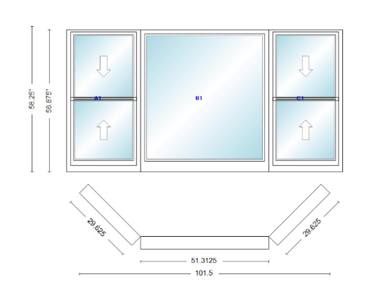 Andersen 400 Series Double Hung Bay Window 101 1/2" Wide Picture With Double Hung Flankers 45 Degree Angle Of Deflection Vinyl Exterior Wood Interior Low-E4 Dual Pane Argon Gas