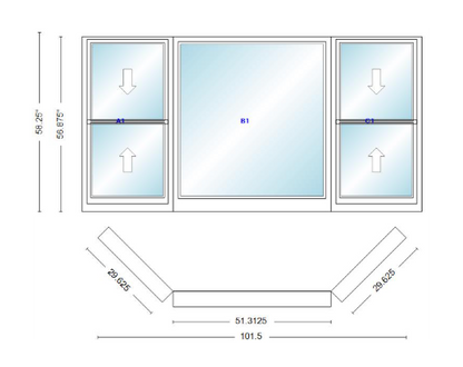 Andersen 400 Series Double Hung Bay Window 101 1/2" Wide Picture With Double Hung Flankers 45 Degree Angle Of Deflection Vinyl Exterior Wood Interior Low-E4 Dual Pane Argon Gas