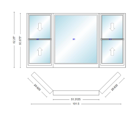 Andersen 400 Series Double Hung Bay Window 101 1/2" Wide Picture With Double Hung Flankers 45 Degree Angle Of Deflection Vinyl Exterior Wood Interior Low-E4 Dual Pane Argon Gas