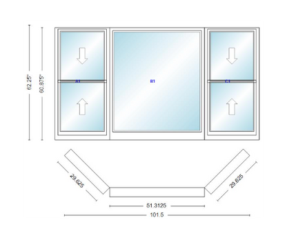 Andersen 400 Series Double Hung Bay Window 101 1/2" Wide Picture With Double Hung Flankers 45 Degree Angle Of Deflection Vinyl Exterior Wood Interior Low-E4 Dual Pane Argon Gas