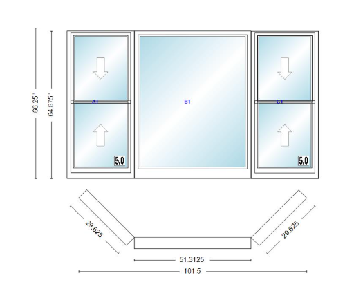 Andersen 400 Series Double Hung Bay Window 101 1/2" Wide Picture With Double Hung Flankers 45 Degree Angle Of Deflection Vinyl Exterior Wood Interior Low-E4 Dual Pane Argon Gas