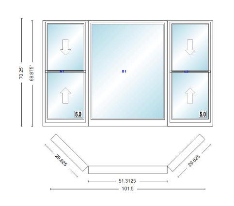 Andersen 400 Series Double Hung Bay Window 101 1/2" Wide Picture With Double Hung Flankers 45 Degree Angle Of Deflection Vinyl Exterior Wood Interior Low-E4 Dual Pane Argon Gas