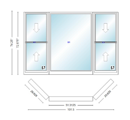 Andersen 400 Series Double Hung Bay Window 101 1/2" Wide Picture With Double Hung Flankers 45 Degree Angle Of Deflection Vinyl Exterior Wood Interior Low-E4 Dual Pane Argon Gas