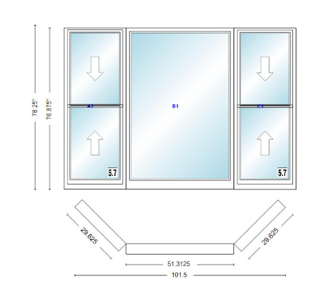 Andersen 400 Series Double Hung Bay Window 101 1/2" Wide Picture With Double Hung Flankers 45 Degree Angle Of Deflection Vinyl Exterior Wood Interior Low-E4 Dual Pane Argon Gas