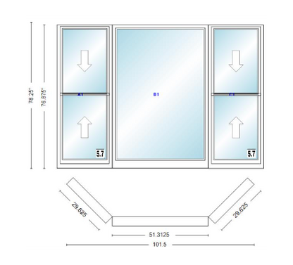 Andersen 400 Series Double Hung Bay Window 101 1/2" Wide Picture With Double Hung Flankers 45 Degree Angle Of Deflection Vinyl Exterior Wood Interior Low-E4 Dual Pane Argon Gas