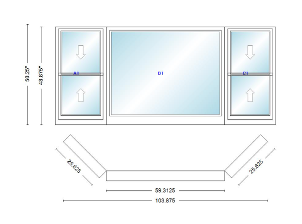 Andersen 400 Series Double Hung Bay Window 103 7/8" Wide Picture With Double Hung Flankers 45 Degree Angle Of Deflection Vinyl Exterior Wood Interior Low-E4 Dual Pane Argon Gas